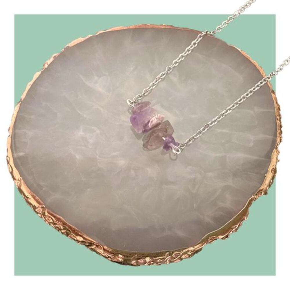 Purple Stone Cluster Necklace with Silver Plated Cable Chain Layering Jewelry